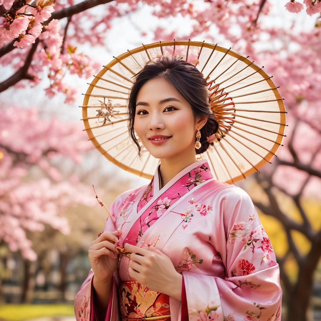 A captivating portrait of an Asian woman surrounded by lush cherry blossom trees, showcasing her graceful poise and vibrant traditional attire, adorned with intricate patterns. Soft sunlight filters through the blossoms, highlighting her radiant smile and elegant features. Incorporate elements of cultural symbols like fans and lanterns to enhance the theme of exuberance. The background should be a dreamy blend of pink and gold hues, evoking a sense of warmth and vibrancy. super-realistic. vibrant colors. soft focus.