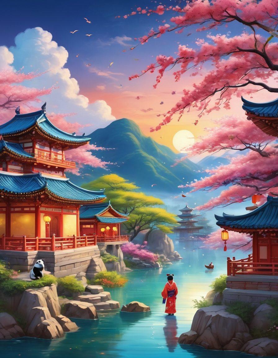 A colorful scene featuring traditional Asian elements like lanterns and cherry blossoms, intertwined with cute and playful characters such as smiling cats, adorable pandas, and happy children dressed in vibrant kimonos. Include floating whimsical clouds and a dreamy atmosphere to evoke a sense of joy and exploration. Illustrate a mix of landscapes, such as serene temples and lively markets filled with delightful foods. vibrant colors. whimsical style.