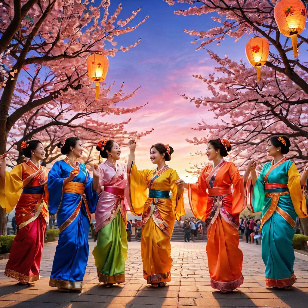 A lively scene depicting a joyful festival filled with colorful traditional attire, showcasing a group of diverse Asian cuties dancing under lanterns. Include elements such as cherry blossoms and vibrant decorations to capture the festive spirit. The background should feature a bright sunset sky to enhance the feeling of celebration and bliss. playful and lively aesthetic. super-realistic. vibrant colors.
